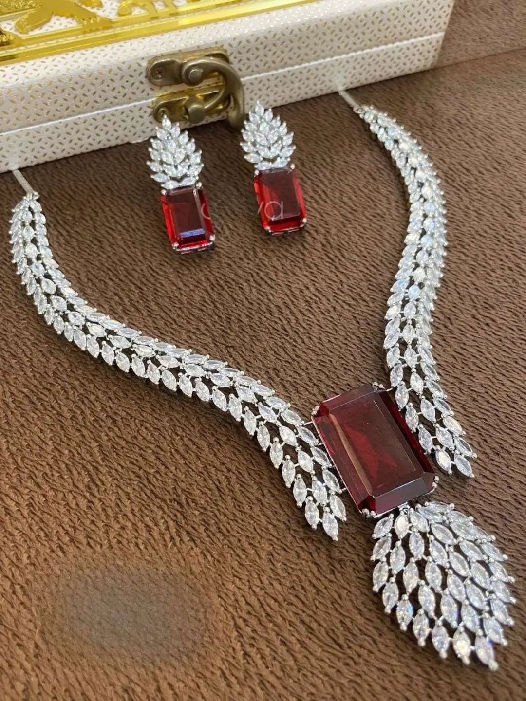 Ishhaara Red Silver Finish Ad Necklace Set