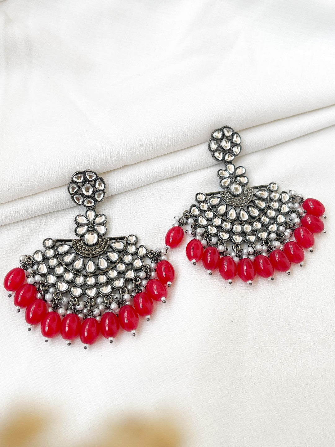 Ishhaara Red Silver Plated Stone Studded And Beaded Drop Earrings
