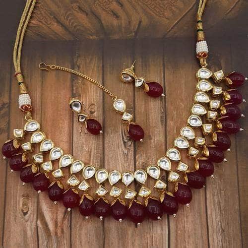 Ishhaara Red Simple Kundan Big Drop Necklace Set