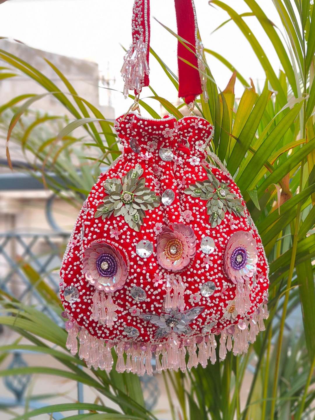 Ishhaara Red Spring Floral Sequins Potli
