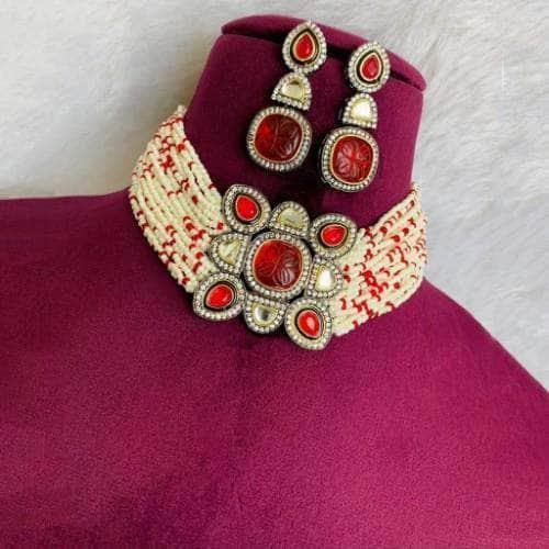 Ishhaara Square Carved Stone Moti Necklace And Earring Set