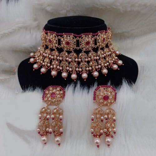Ishhaara Red Square Leaf Tassel Necklace And Earring Set