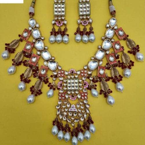 Ishhaara Red Square Meena Leaf Drop Necklace And Earring Set