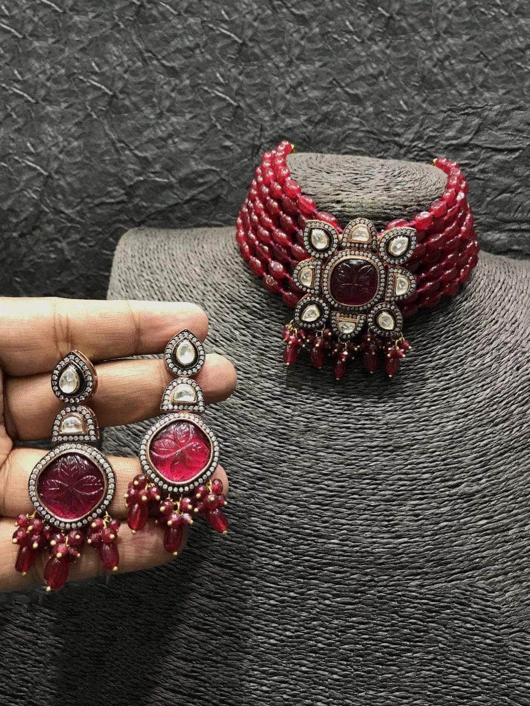 Ishhaara Red Square Pendant Beads Necklace