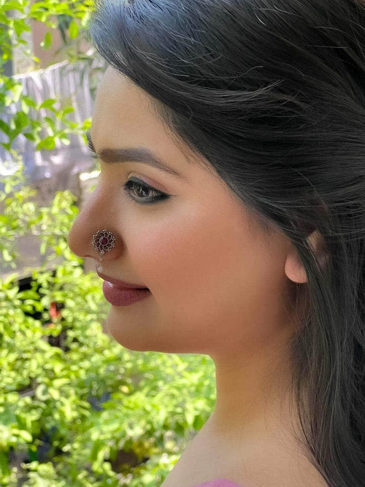 Ishhaara Red Stone Oxidised Nose Pin