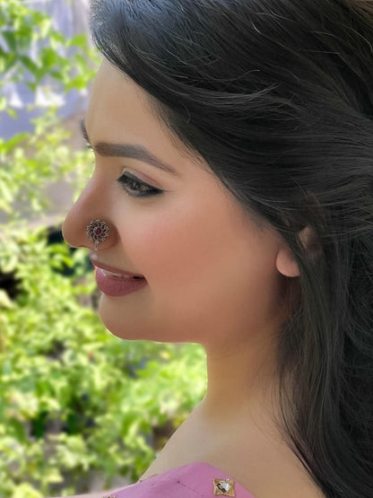 Ishhaara Red Stone Oxidised Nose Pin