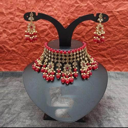 Ishhaara Red Surbhic In Reverse AD Choker And Earring Set