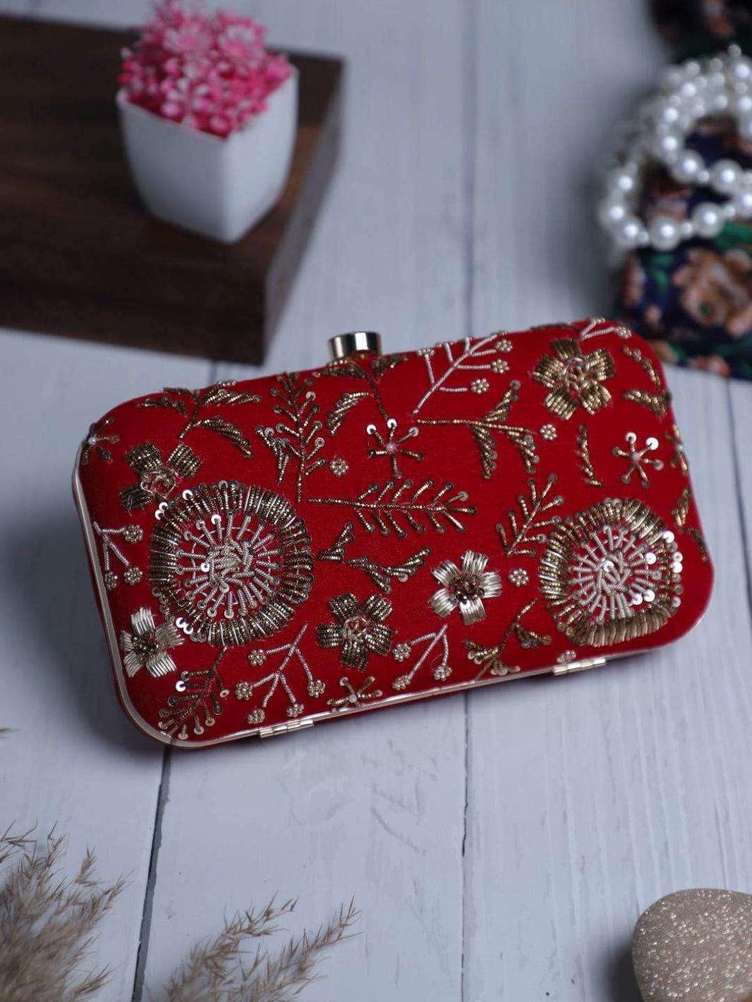 Ishhaara Red Synthetic Embroidered Clutch
