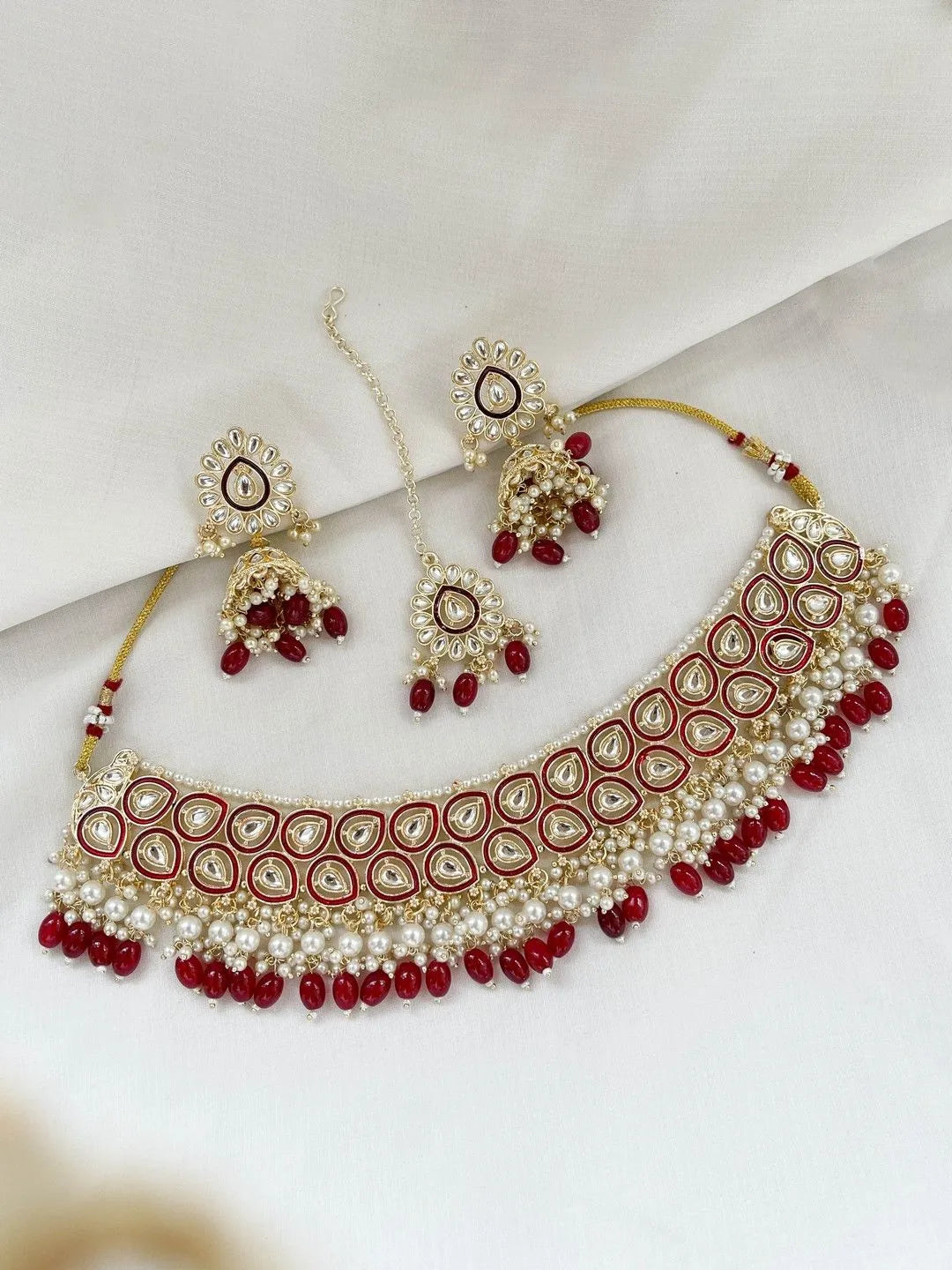 Ishhaara Red Traditional Drop Shaped Kundan Choker Necklace