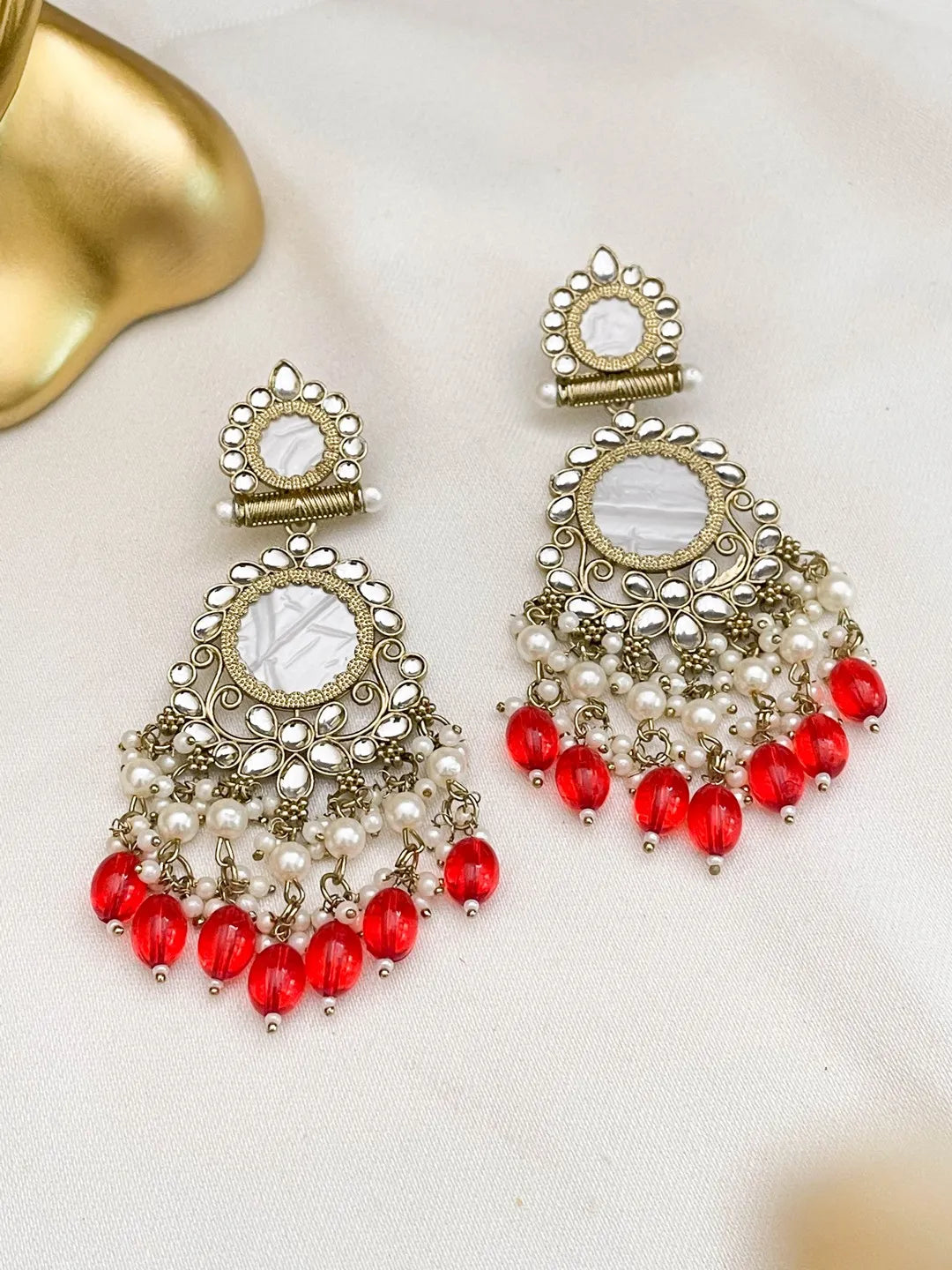 Ishhaara Red Traditional Kundan And Pearl Drop Earrings