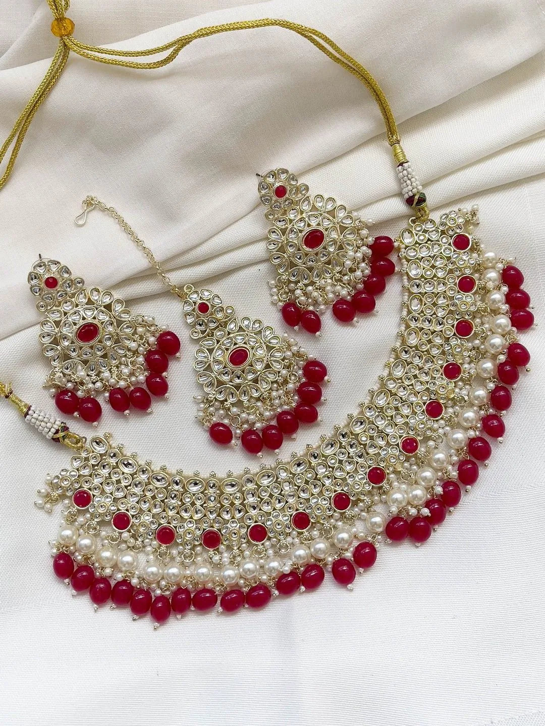 Ishhaara Red Traditional Kundan Pearl Hanging Choker Necklace