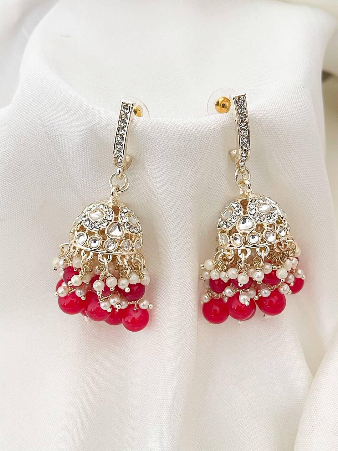 Ishhaara Red Traditional Kundan Studded Jhumkas