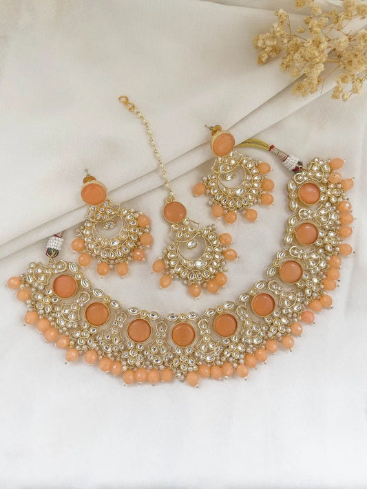 Ishhaara Red Traditional Peach Pink Kundan Gold Plated Necklace Set