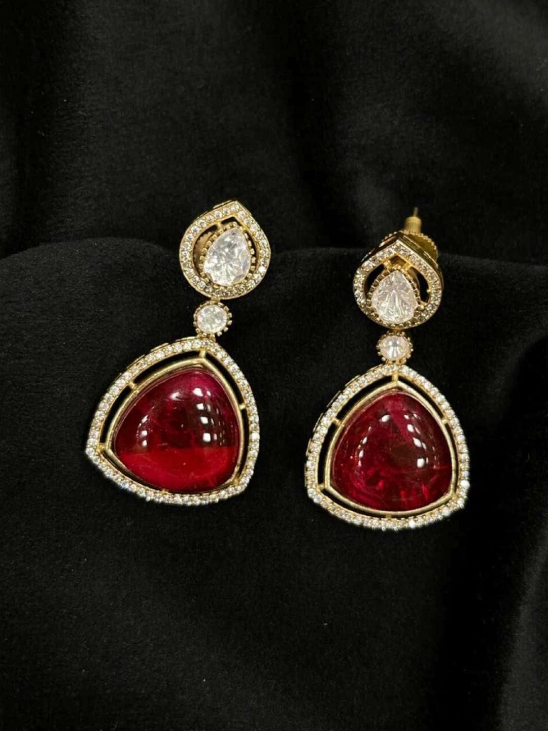 Ishhaara Red Triangle American Diamond Stud Earrings