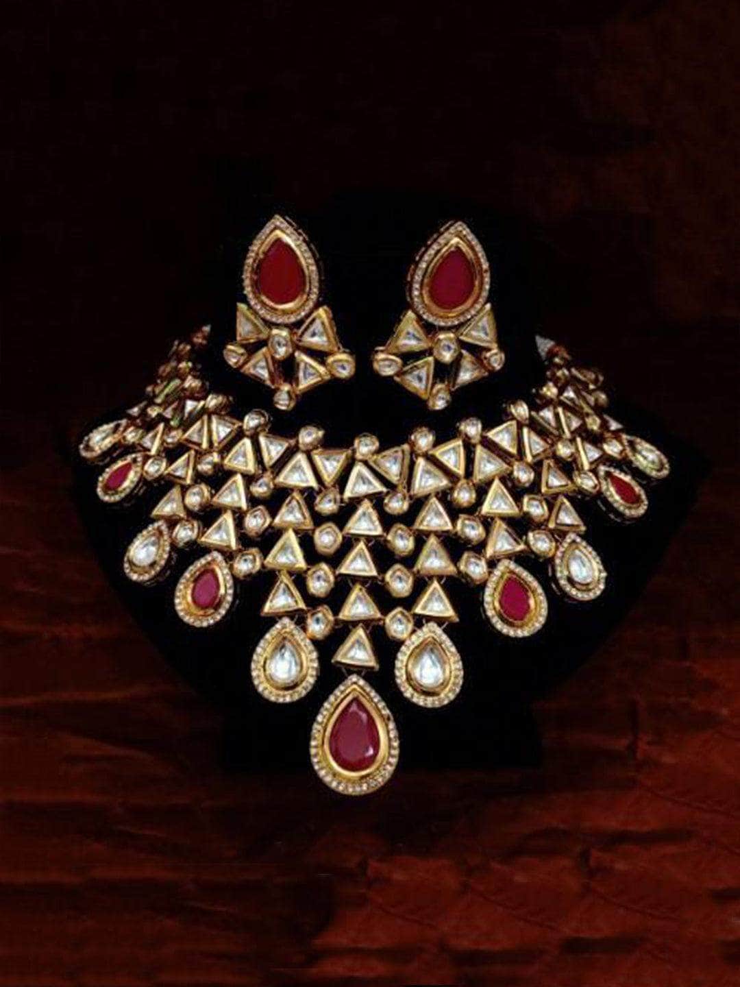 Ishhaara Red Triangular Drop Tassel Necklace And Earring Set