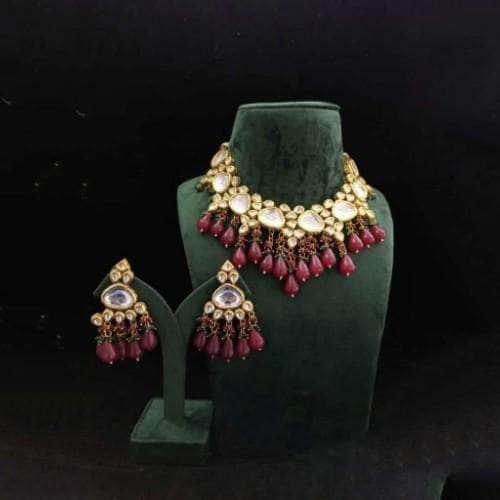 Ishhaara Triangular Kundan Necklace And Earring Set With Monalisa Beads