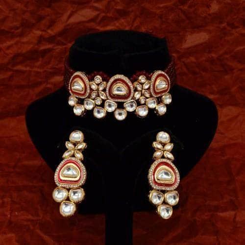 Ishhaara Red Triangular Meena AD Kundan Choker And Earring Set