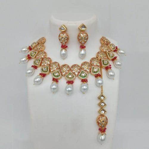 Ishhaara Red Triangular Meena Kundan Drop Necklace Set