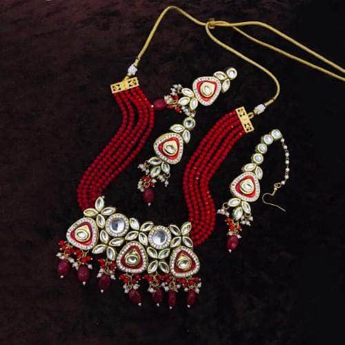 Ishhaara Red Triangular Meenakundan Necklace Earring And Teeka Set