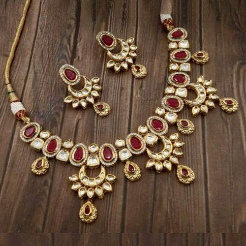 Ishhaara Red Triple Chand AD Kundan Necklace Set