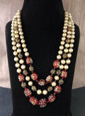 Ishhaara Red Triple Layered Pearl Precious Stone Necklace