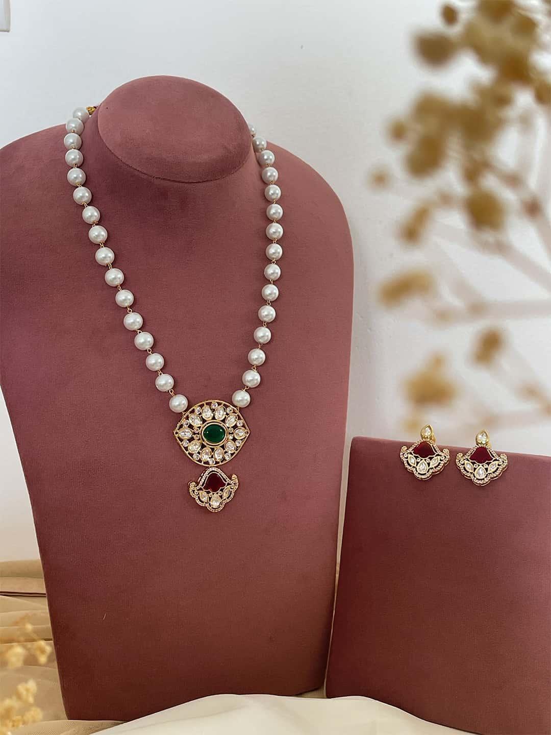 Ishhaara Red Two Tone Finish Kundan Polki And Agate Long Necklace Set