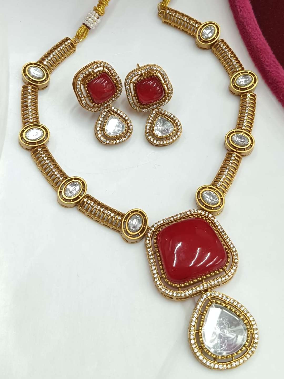 Ishhaara Red Two Tone Finish Zircon Beaded Necklace Set