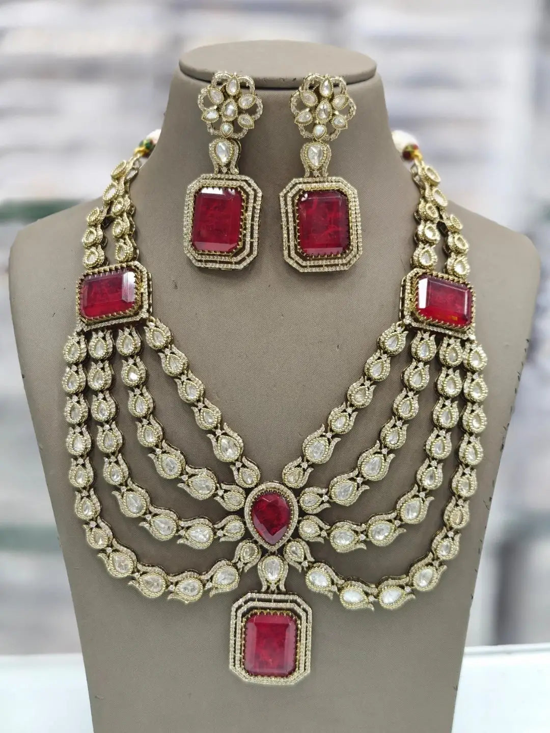 Ishhaara Red Victorian Doublet Stone Studded Layered Necklace