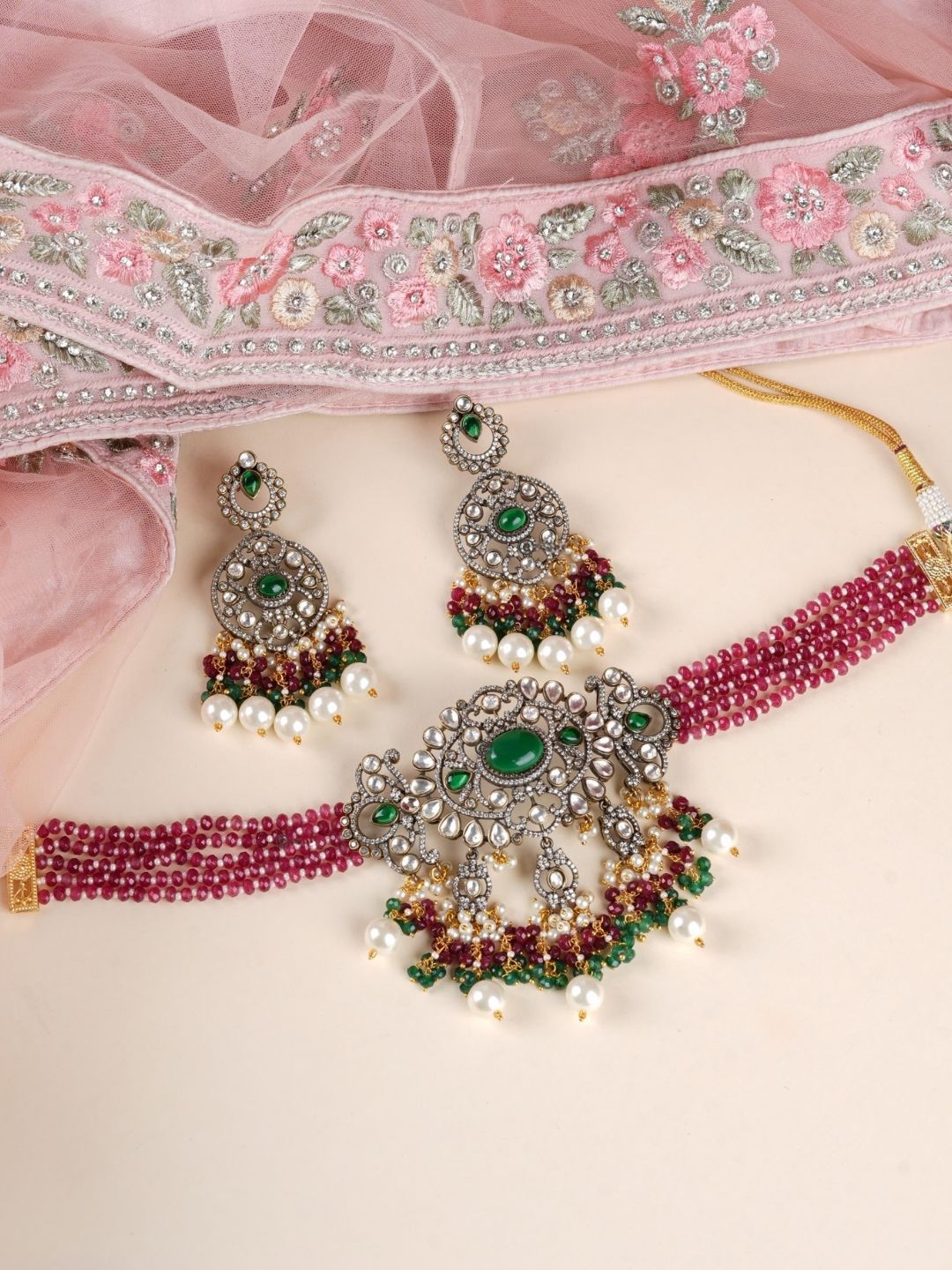 Ishhaara Pink Victorian Peacock Shaped Kundan Necklace