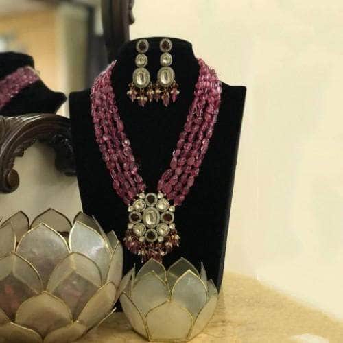 Ishhaara Red Victorian Pendant Long Necklace And Earring Set