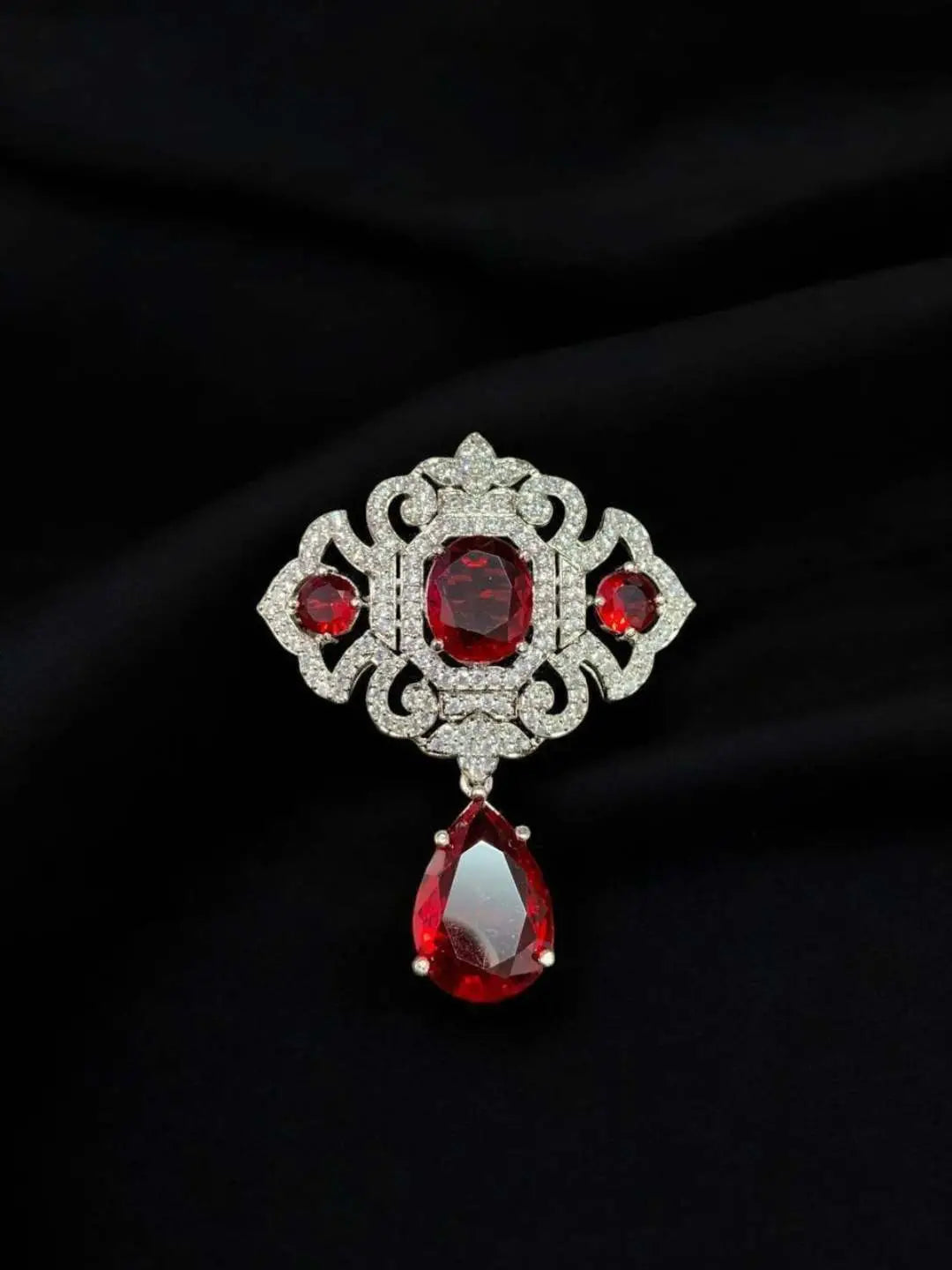 Ishhaara Red Victorian Style Drop Brooch