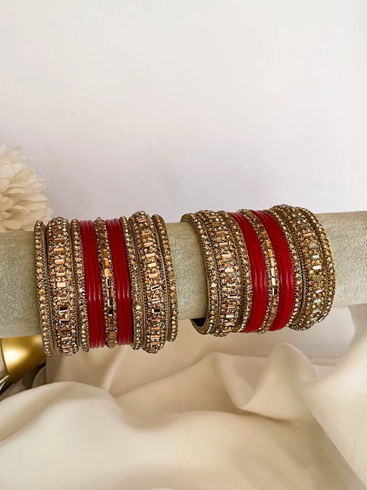 Ishhaara Red Zircon Gemstone Studded Traditional Bangle Set