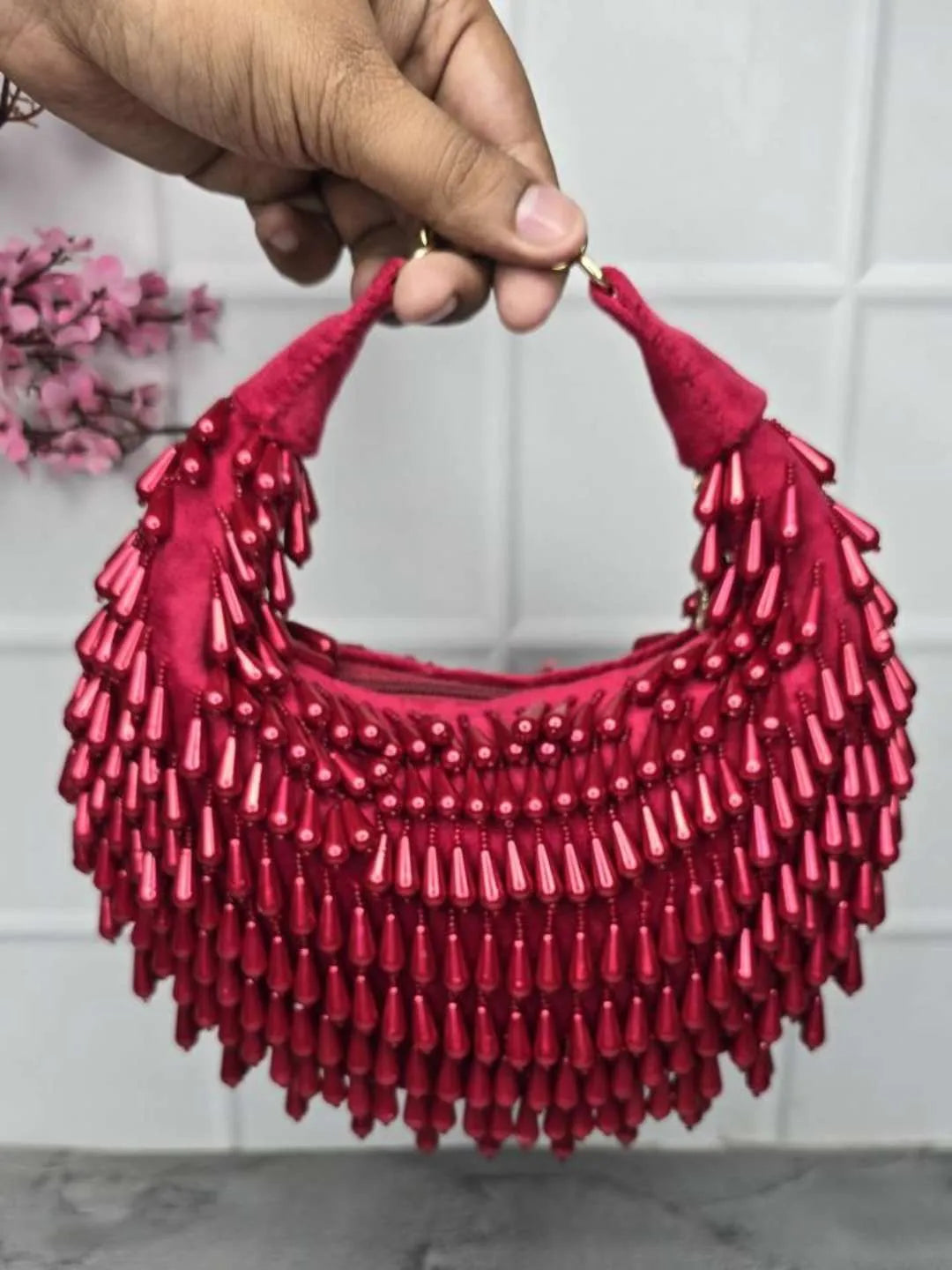 Ishhaara Red Zoya Pearl Clutch Bag