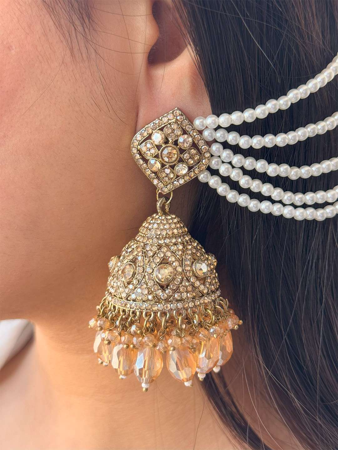 Ishhaara Reverse Ad Jhumka Earrings With Chain And Teeka