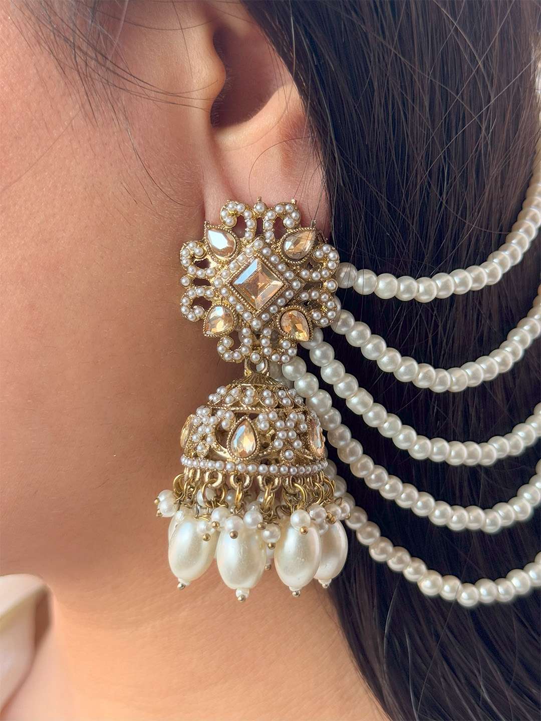 Ishhaara Reverse Ad Kundan Studded Jhumkas With Sahara Earchain