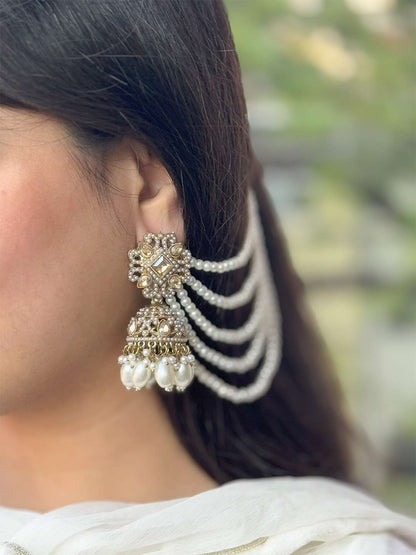 Ishhaara Reverse Ad Kundan Studded Jhumkas With Sahara Earchain