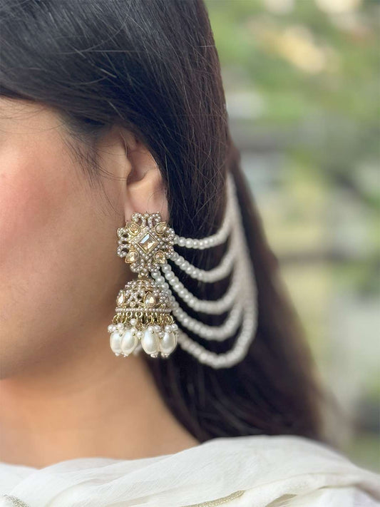 Ishhaara Reverse Ad Kundan Studded Jhumkas With Sahara Earchain
