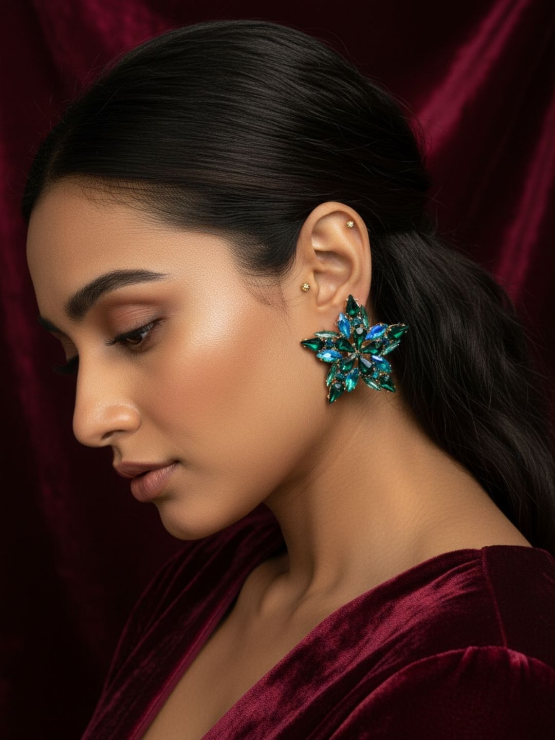 Ishhaara Rhinestone Multi Dimensional Flower Earrings