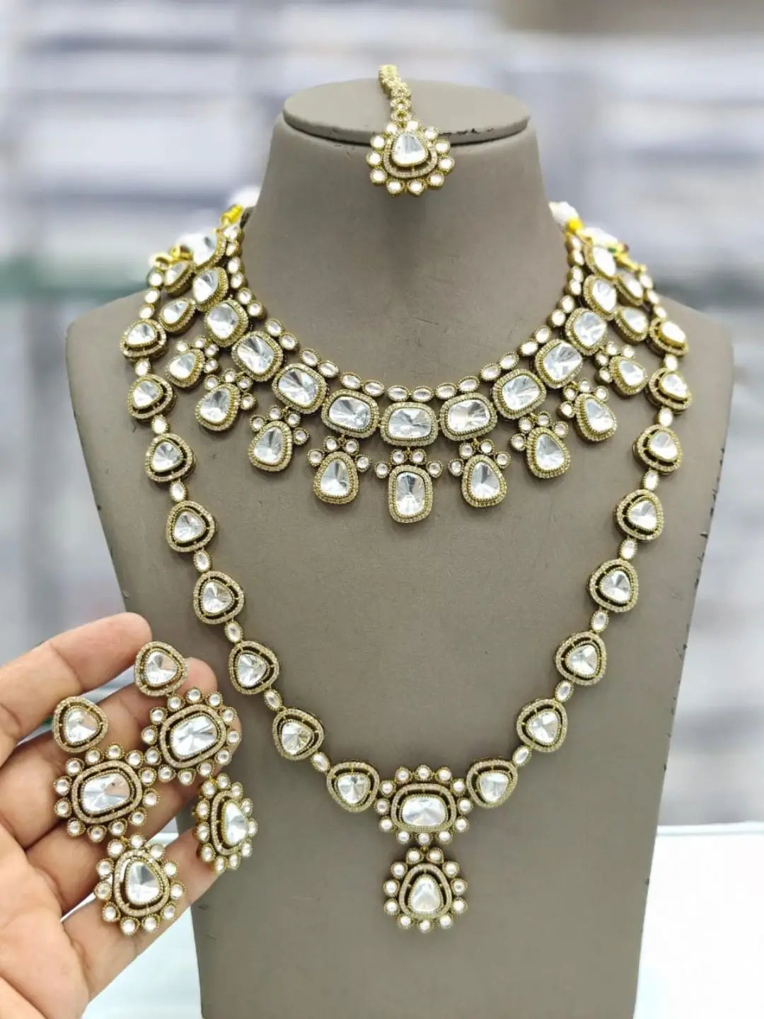 Ishhaara Rhodium And Gold Finish Victorian Polki And Zirconia Necklace Set