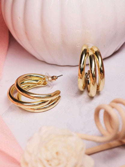 Ishhaara Rochelle Rao Sequeira In Triple Hoop Earrings Golden