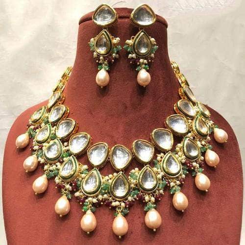 Ishhaara Rose Gold Big Kundan Drop Meena Necklace