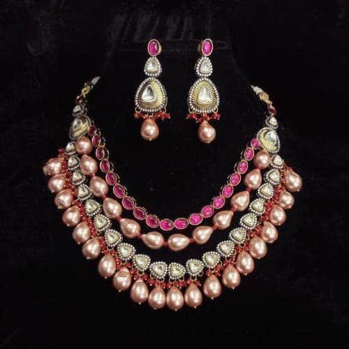 Ishhaara Rose Gold Polki Necklace With Beads