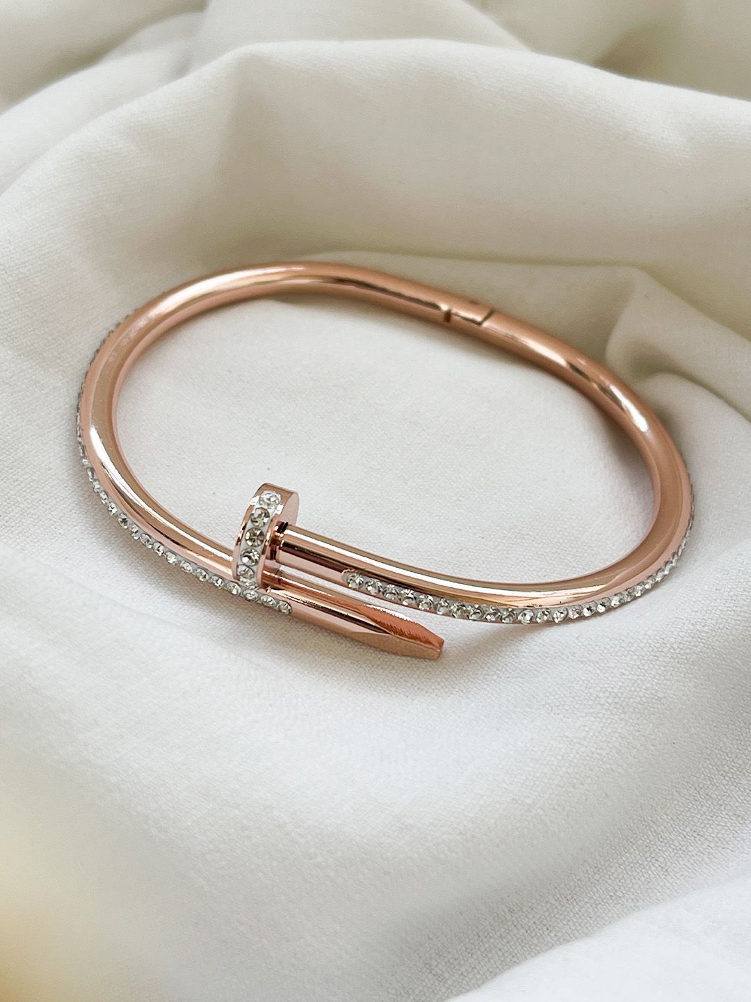 Ishhaara Rose Gold Stainless Steel Stone Studded Nail Bracelet