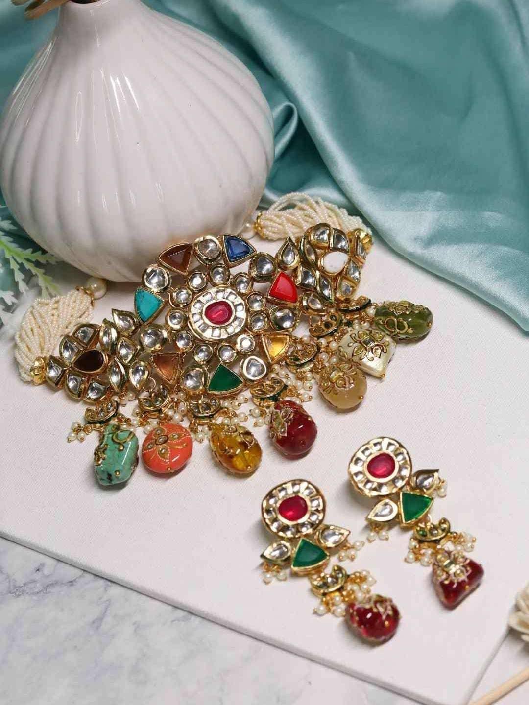 Ishhaara Round Navratan Choker Necklace Set