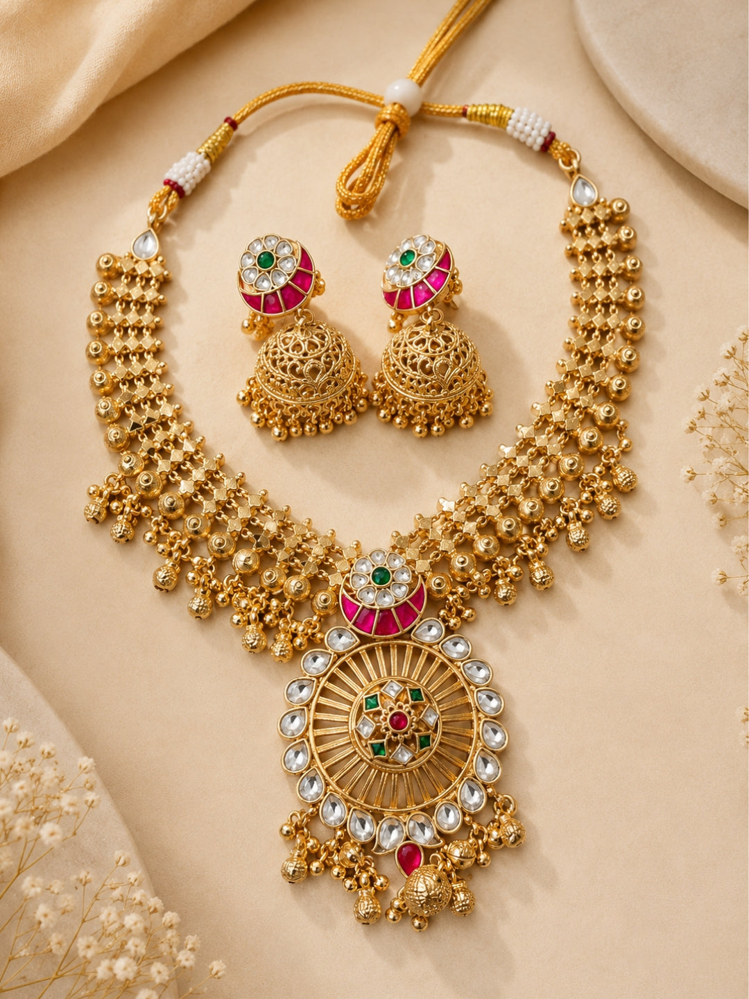 Ishhaara Round Shaped Pendant Studded Pachi Kundan Necklace