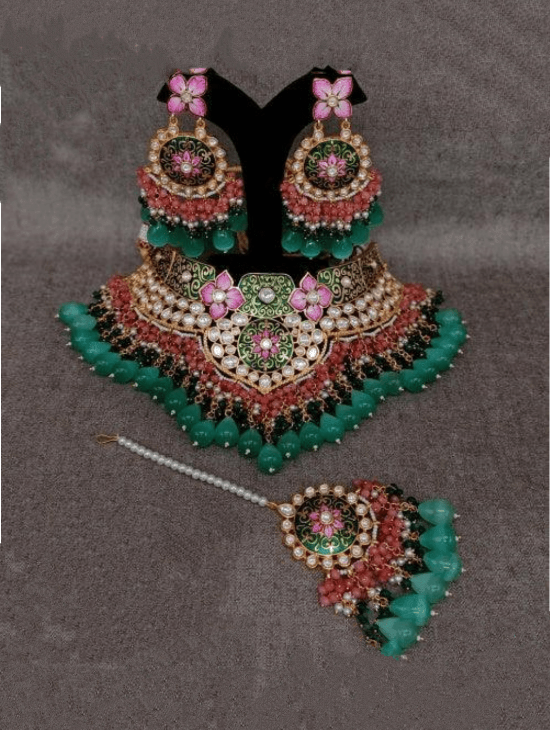 Ishhaara Royal Meenakari Necklace Earring And Teeka Set