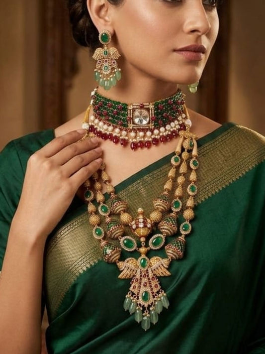 Ishhaara Ruby Green Kundan Layered Bridal Necklace Set