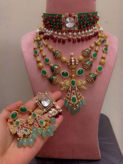Ishhaara Ruby Green Kundan Layered Bridal Necklace Set