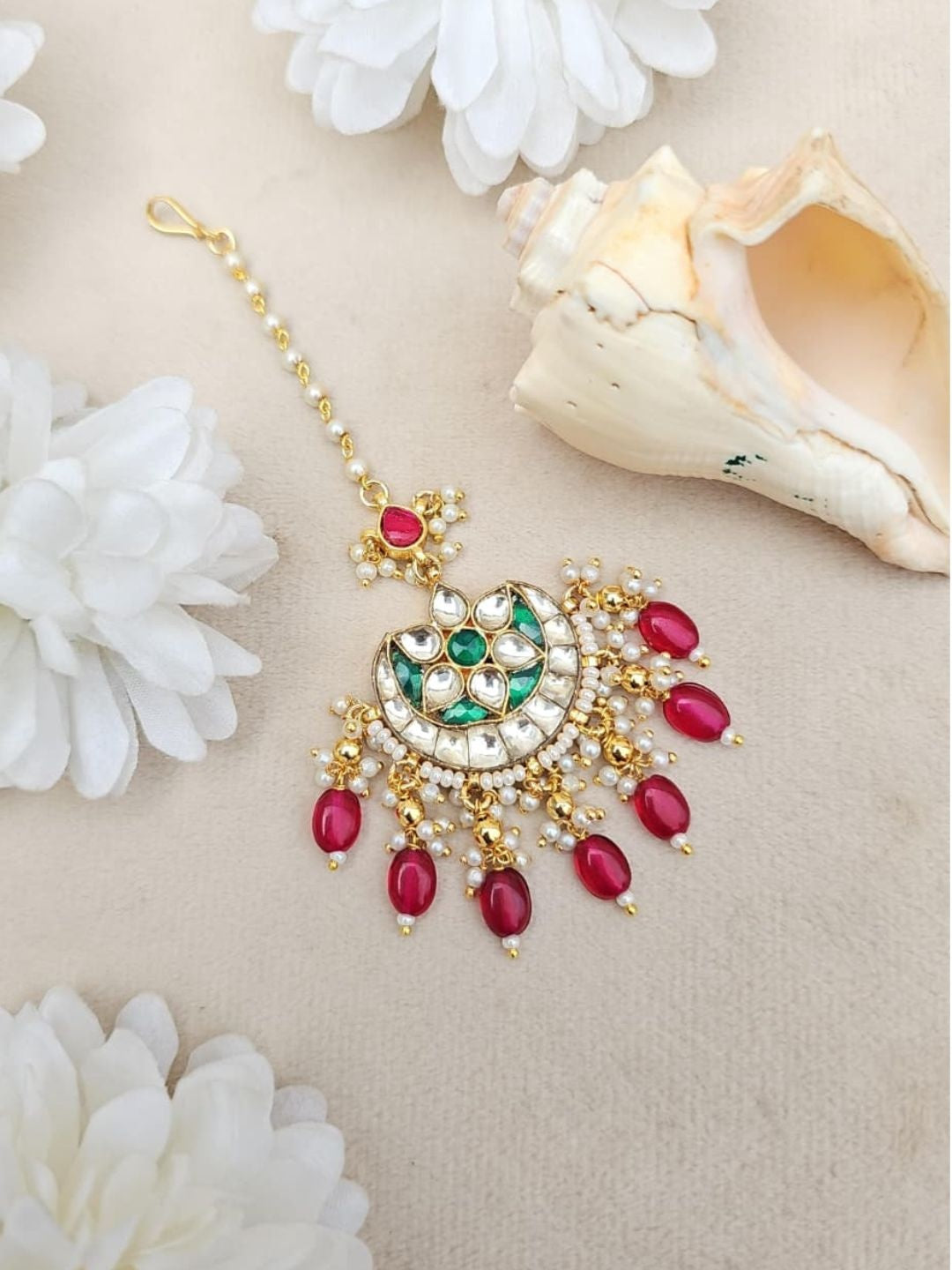 Ishhaara Ruby Green Kundan Maang Tikka - handcrafted Indian jewellery