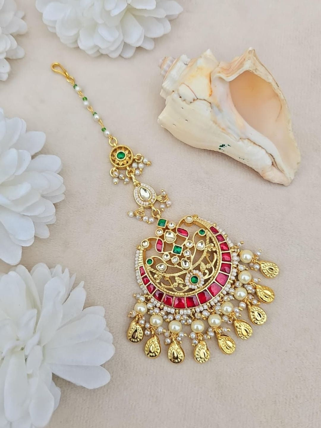 Ishhaara Ruby Green Kundan Maang Tikka - handcrafted Indian jewellery